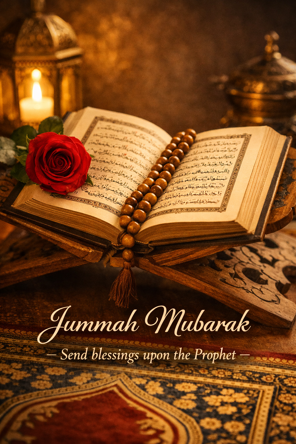 Open Quran with prayer beads (tasbih) and a rose in warm light, Jummah Mubarak devotional still life